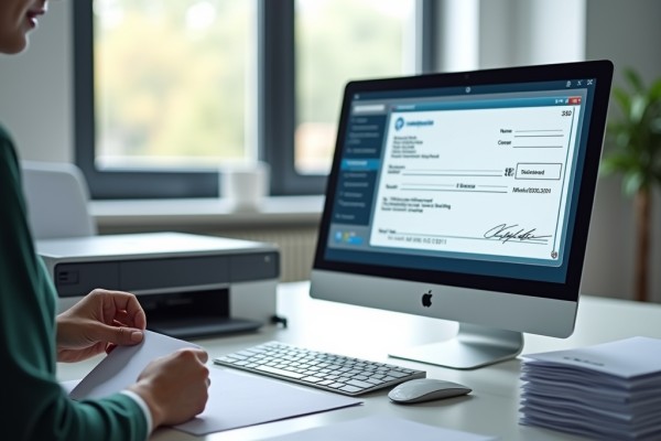 A User Preparing to Print Checks Using a FiChecks Interface Displayed on a Desktop Computer