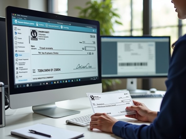 Simplify Payments with Fast Check Mailing Services A Person Holding a Printed Check While Viewing a Check-Writing Interface on a Desktop Computer