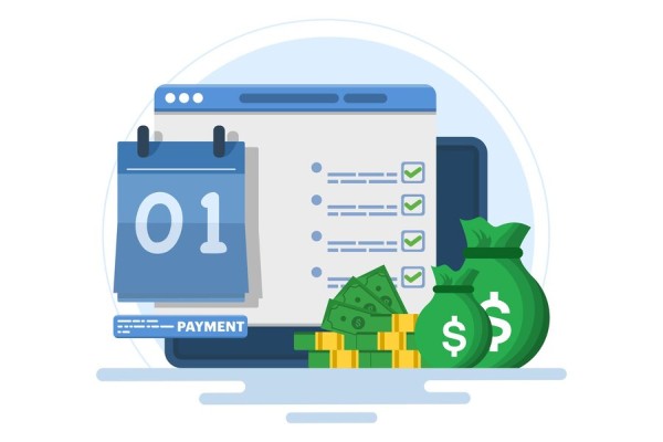 Automate Your Financial Workflow Digital Calendar with Payment Checklist, Dollar Bills, and Coins Representing Automated Payments