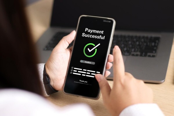 Person Confirming a Successful Payment on Smartphone with Checkmark on Screen