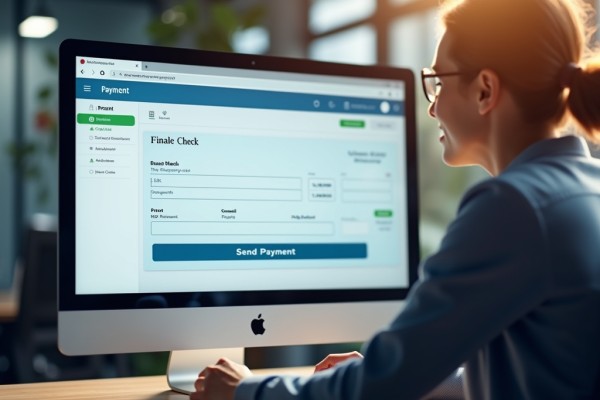 Convenient Check Customization & Mailing A Woman Using an Online Check Writer on a Desktop Computer to Send a Digital Check Payment