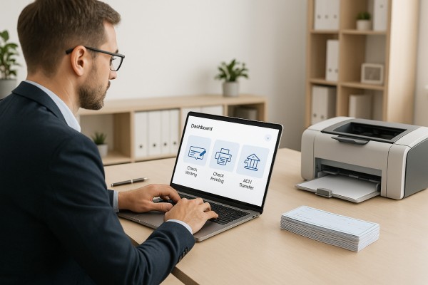 User Navigating Various Payment Tools Within the FiChecks Interface on a Laptop