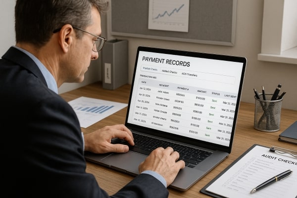 Business Team Reviewing FiChecks Payment Dashboard on a Large Desktop Screen