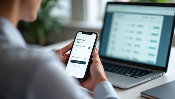 Handle Payments with Flexibility and Accuracy Woman Using a Smartphone to Process a Check Payment While Working on a Laptop