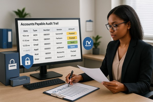 Improve Accuracy and Compliance Business Team Reviewing FiChecks Payment Dashboard on a Large Desktop Screen