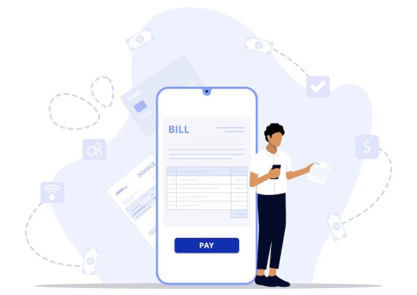 Improve Accuracy and Reduce Late Payments Person Using a Smartphone to Pay Bills Digitally with Invoice Documents and Money Icons Around