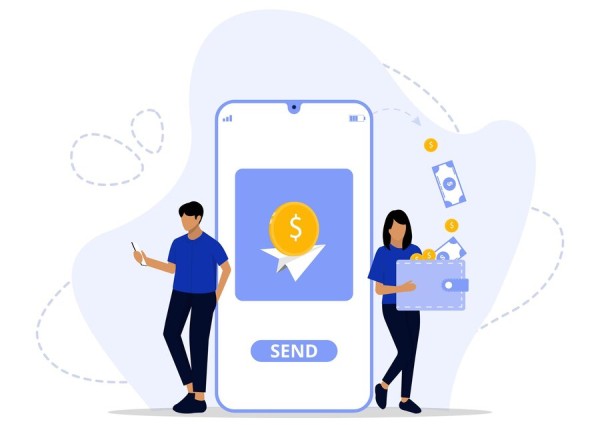 Multiple Payment Methods, One Platform Two People Using a Mobile Device for Sending Money, with Floating Cash and Coin Symbols Around