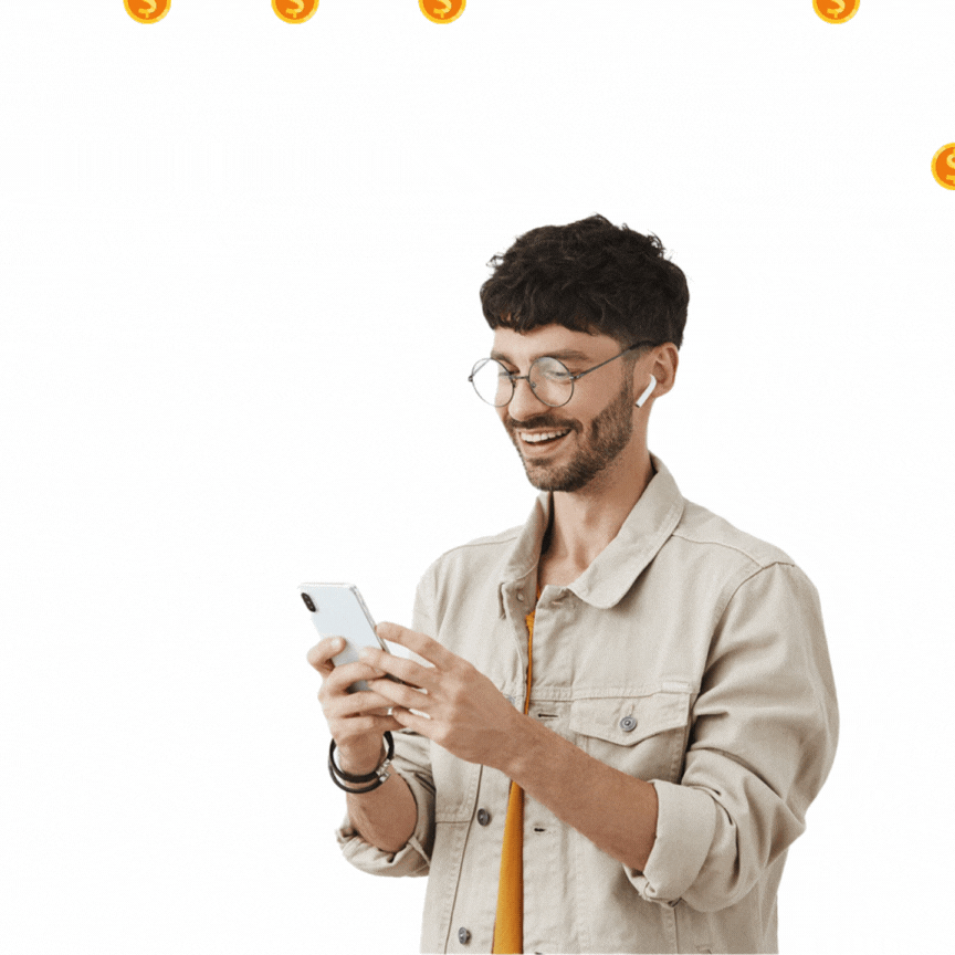 Receive Payments Man Using the FiChecks Mobile App on a Smartphone to Process a Digital Payment, Seated Comfortably in a Modern Living Room Setting