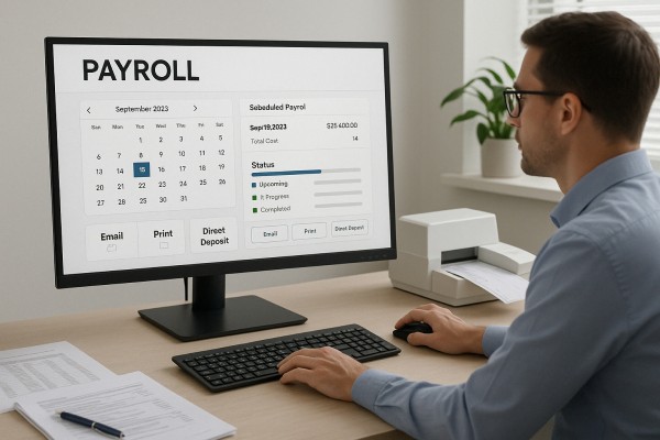 Business Team Reviewing FiChecks Payment Dashboard on a Large Desktop Screen