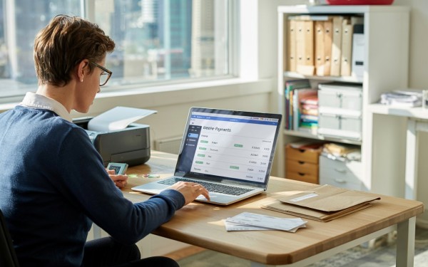 Scale Your Financial Operations Seamlessly Person Using FiChecks Platform to Manage Recurring Payments on a Laptop