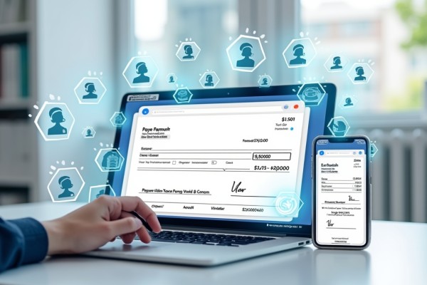 Secure Digital Transactions with ACH and eChecks A Laptop and Smartphone Displaying Digital Check Writing Software with a Network of Users in the Background