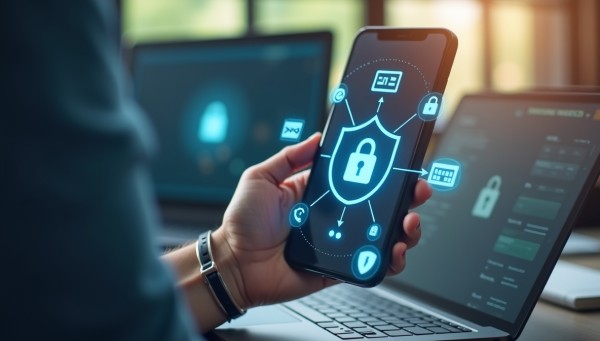 Secure Transactions with End-to-End Protection A Person Holding a Smartphone Displaying a Secure Payment System Interface with Digital Security Icons