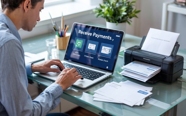 Simplify the Way You Receive Payments User Navigating Various Payment Tools Within the FiChecks Interface on a Laptop