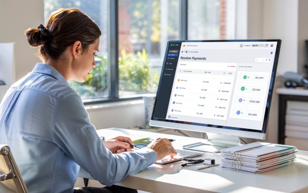 Stay Organized with Complete Visibility Business Team Reviewing FiChecks Payment Dashboard on a Large Desktop Screen
