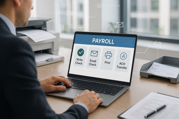 A Faster Way to Pay Your Team User Navigating Various Payment Tools Within the FiChecks Interface on a Laptop