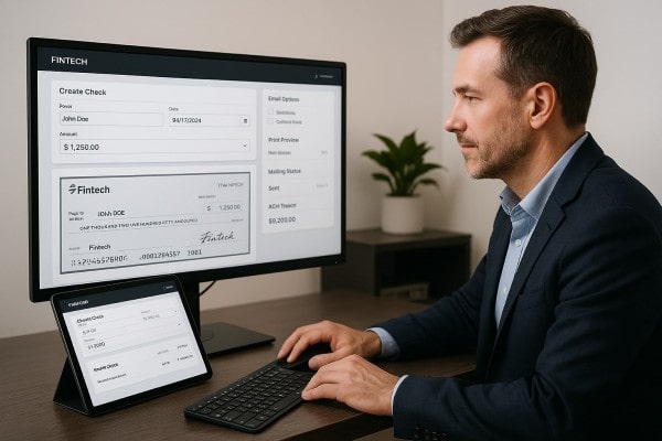 User Navigating Various Payment Tools Within the FiChecks Interface on a Laptop
