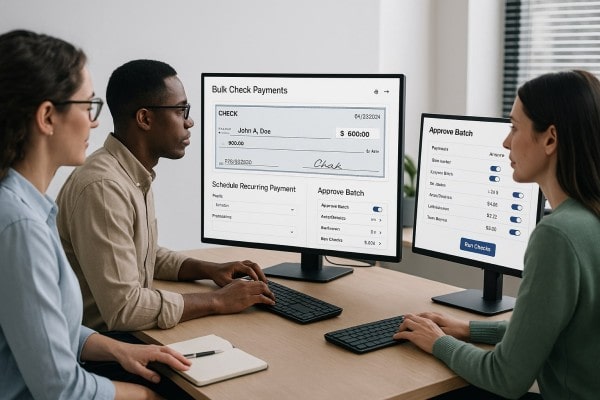Built for Businesses That Scale Person Using FiChecks Platform to Manage Recurring Payments on a Laptop