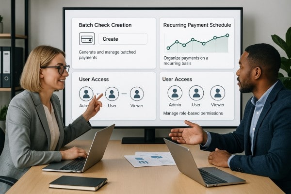 Built to Scale With You Person Using FiChecks Platform to Manage Recurring Payments on a Laptop