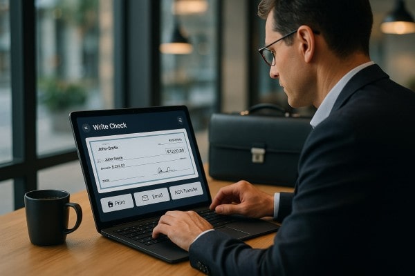 Create Checks Anytime, Anywhere User Navigating Various Payment Tools Within the FiChecks Interface on a Laptop