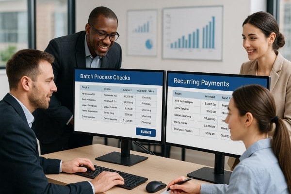 Person Using FiChecks Platform to Manage Recurring Payments on a Laptop