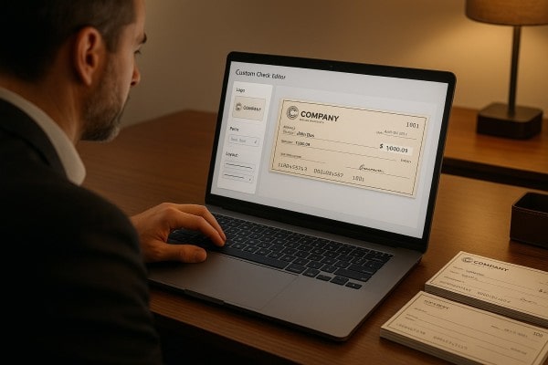 Design Checks That Match Your Brand User Navigating Various Payment Tools Within the FiChecks Interface on a Laptop