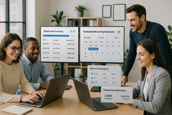 Designed To Grow Along With Your Business Person Using FiChecks Platform to Manage Recurring Payments on a Laptop