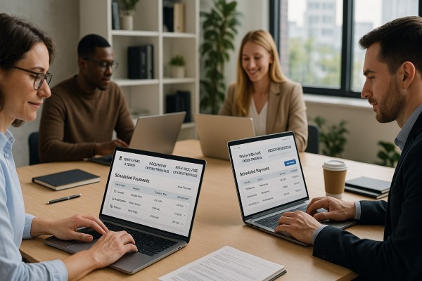 Person Using FiChecks Platform to Manage Recurring Payments on a Laptop