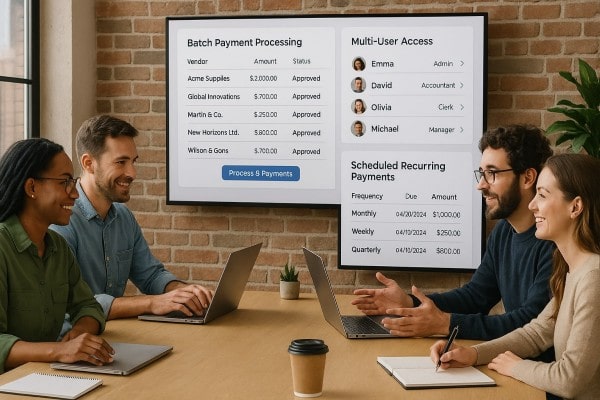 Designed to Grow with You Person Using FiChecks Platform to Manage Recurring Payments on a Laptop