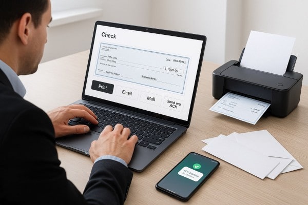 User Navigating Various Payment Tools Within the FiChecks Interface on a Laptop