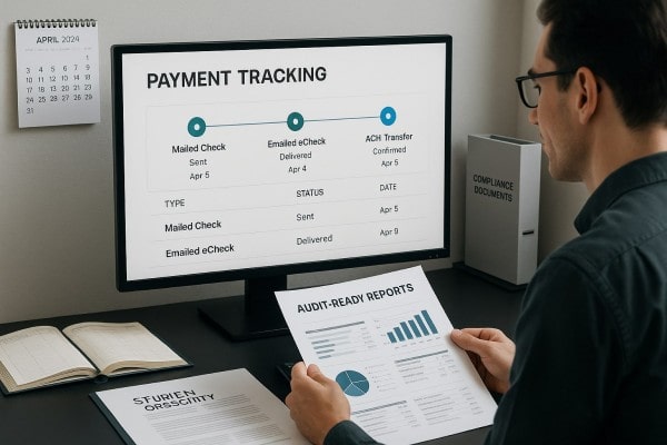 Business Team Reviewing FiChecks Payment Dashboard on a Large Desktop Screen