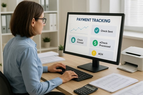 Ensure Accuracy through Real-Time Monitoring Business Team Reviewing FiChecks Payment Dashboard on a Large Desktop Screen