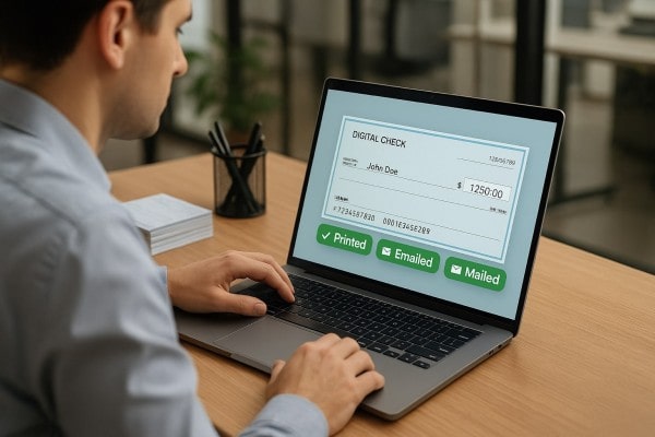 Faster Payments Without Printing Delays Business Team Reviewing FiChecks Payment Dashboard on a Large Desktop Screen