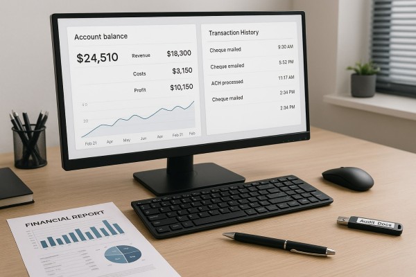 Business Team Reviewing FiChecks Payment Dashboard on a Large Desktop Screen