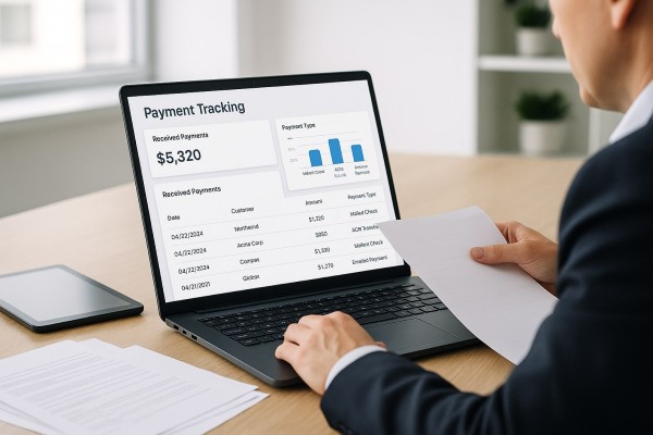 Business Team Reviewing FiChecks Payment Dashboard on a Large Desktop Screen