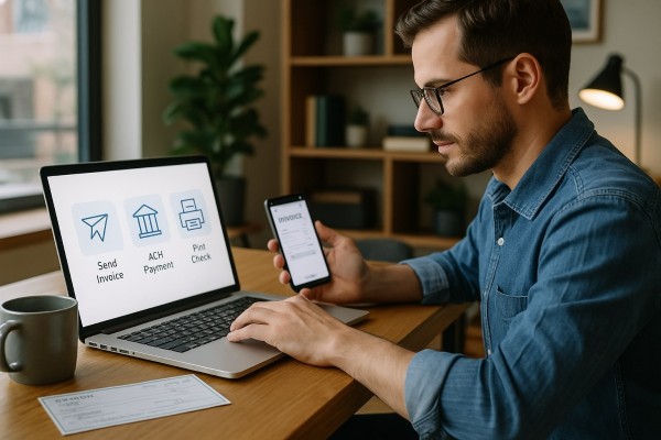 User Navigating Various Payment Tools Within the FiChecks Interface on a Laptop
