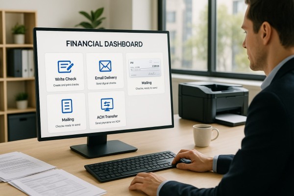 User Navigating Various Payment Tools Within the FiChecks Interface on a Laptop