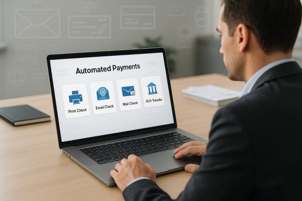 User Navigating Various Payment Tools Within the FiChecks Interface on a Laptop