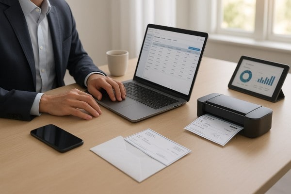 User Navigating Various Payment Tools Within the FiChecks Interface on a Laptop