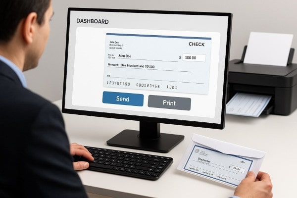 Professional Layout Without Waiting Business Team Reviewing FiChecks Payment Dashboard on a Large Desktop Screen