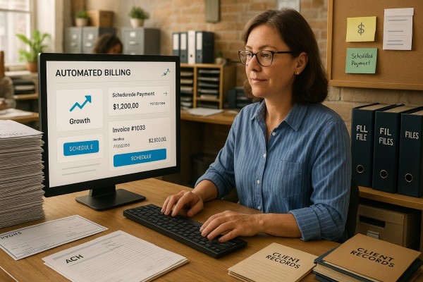 Person Using FiChecks Platform to Manage Recurring Payments on a Laptop
