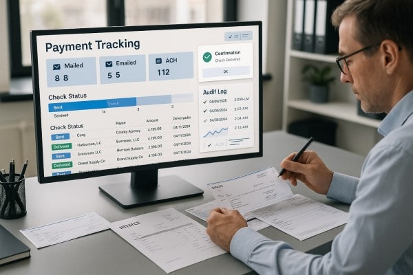 Business Team Reviewing FiChecks Payment Dashboard on a Large Desktop Screen