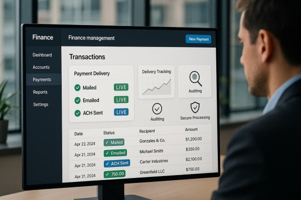 Real-Time Delivery and Secure Processing Business Team Reviewing FiChecks Payment Dashboard on a Large Desktop Screen