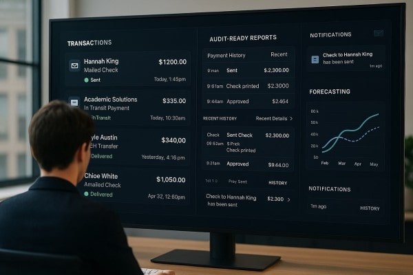 Business Team Reviewing FiChecks Payment Dashboard on a Large Desktop Screen