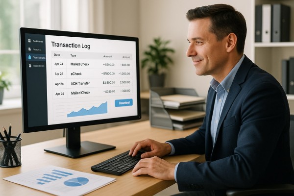 Business Team Reviewing FiChecks Payment Dashboard on a Large Desktop Screen