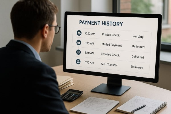 Business Team Reviewing FiChecks Payment Dashboard on a Large Desktop Screen
