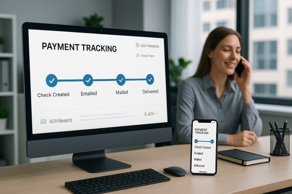 Business Team Reviewing FiChecks Payment Dashboard on a Large Desktop Screen