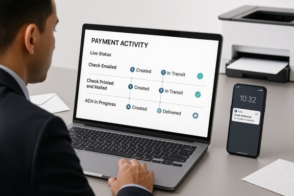 Business Team Reviewing FiChecks Payment Dashboard on a Large Desktop Screen