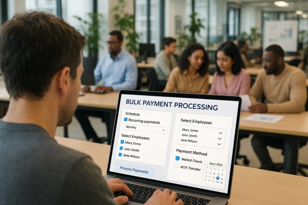 Scale Payroll as Your Team Grows Person Using FiChecks Platform to Manage Recurring Payments on a Laptop