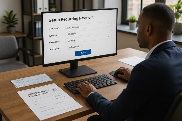 Person Using FiChecks Platform to Manage Recurring Payments on a Laptop