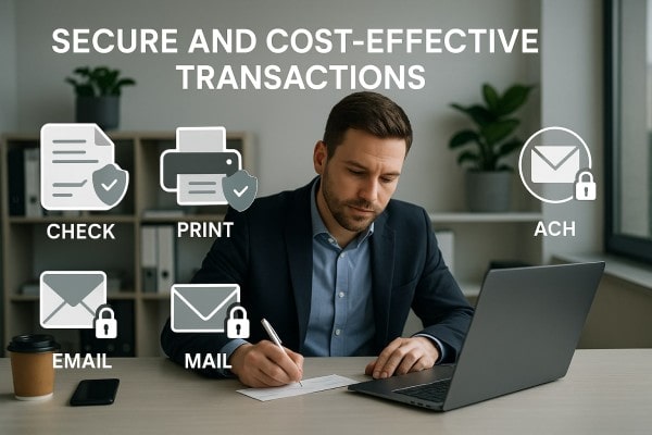 Secure and Cost-Effective Transactions with FiChecks Person Using FiChecks Platform to Manage Recurring Payments on a Laptop